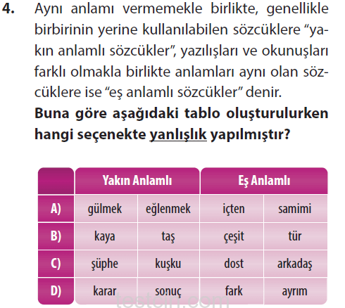 8.Sınıf Türkçe Eş-Yakın-Zıt Anlamlı Ve Eş Sesli Sözcükler Testi Çöz-2